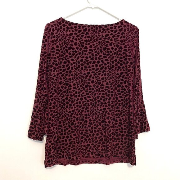TALBOTS Burnout Flounce Sleeve Top Burgundy Maroon Cheetah Leopard 3/4 Sleeve L - Picture 10 of 12